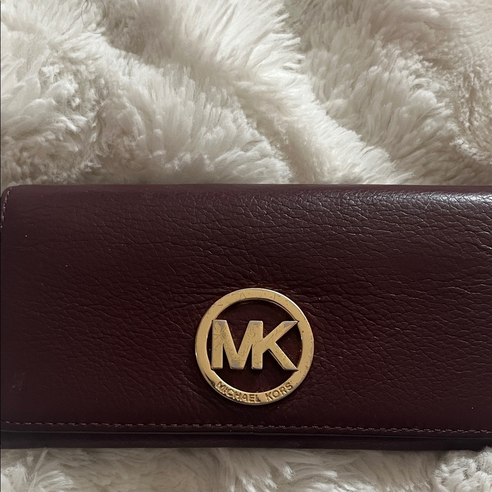 Michael Kors Burgundy/Wine Leather Long Wallet ,card holder with Gold MK Emblem